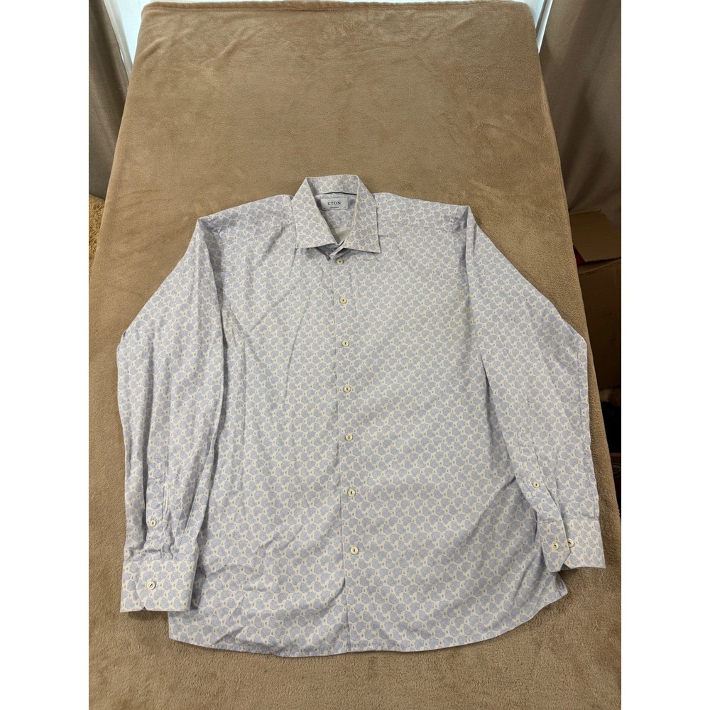 Eton Contemporary Dress Shirt Men's Size 18 blue paisley Floral long-sleeve EUC